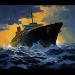 Schwarzes Dampfschiff mit rotem Schornstein durchpflügt stürmische See bei goldenem Himmel | Black ocean liner with red funnel cutting through stormy seas under a dramatic golden sky