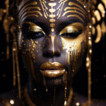 Gesicht mit schwarzer Haut und goldenen Mustern, fließende Goldtropfen, rituell | Face with black skin and golden patterns, dripping gold, ritualistic art style