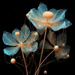 Drei transparente Blüten in Cyan mit goldenen Adern und Perlenknospen auf Schwarz | Three transparent cyan flowers with golden veins and pearl buds on black background