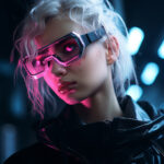 Cyberpunk-Frau mit weißem Haar, pink leuchtender Neonbrille und schwarzer Lederj | Cyberpunk woman with white hair, glowing pink neon glasses and black leather jacket