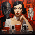 Frau mit roten Lippen vor Tassen und grauer Maske, roter kubistischer Hintergrund | Woman with red lips before cups and gray mask, red cubist background