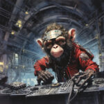 Cyberpunk-Schimpanse in roter Jacke legt an DJ-Pult in industrieller Halle auf | Cyberpunk chimpanzee in red jacket mixing at DJ decks inside an industrial hall