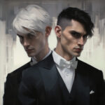 Zwei Männer in Smokings, einer mit weißem, einer mit schwarzem Haar, Ölgemälde | Two men in tuxedos, one with white hair, one with black hair, oil painting