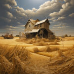 Verfallene Holzscheune im goldenen Weizenfeld, Stroh fliegt im Wind, dramatischer Wolkenhimmel | Decaying wooden barn in golden wheat field, straw flying in wind, dramatic cloudy sky