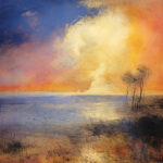 Impressionistische Küstenlandschaft mit leuchtender Wolke, Sonnenuntergang, zwei Bäumen | Impressionist coastal landscape with glowing cloud, sunset sky, two silhouetted trees