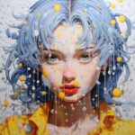 Frauenporträt mit blauem Haar, gelben und weißen Farbtropfen, roter Lippe | Woman portrait with blue hair, yellow and white paint drips, red lips