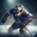 Aggressives Krokodil in blauem Eishockey-Trikot mit Schläger auf Eisfeld | Aggressive crocodile in blue ice hockey jersey wielding a stick on ice rink