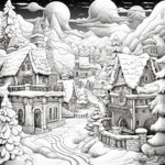 Detaillierte Schwarz-Weiß-Zeichnung: verschneites Fantasiedorf mit Steinhäusern und Tannen | Detailed black-and-white drawing: snowy fantasy village with stone houses and fir trees