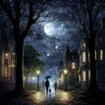 Nächtliche Kopfsteinpflasterstraße mit Passanten, Laternen und Vollmond über viktorianischen Häusern | Cobblestone street at night with pedestrians, lanterns and full moon over Victorian houses