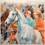Zwei elegante Reiterinnen auf weißem Pferd, orange-türkise Tracht, Pferderennen-Menge | Two elegant riders on white horse, orange-turquoise attire, horse race crowd