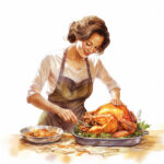 Lächelnde Frau mit Schürze tranchiert einen goldbraunen Bratentruthahn auf Tablett | Smiling woman in apron carving a golden roasted turkey on a serving tray