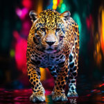 Jaguar schreitet frontal auf Betrachter zu, neonfarben-psychedelischer Hintergrund | Jaguar walking frontally toward viewer against neon-colored psychedelic background
