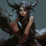 Junge Faun-Frau mit Hörnern und Spitzohren sitzt nachdenklich in dunkler Fantasy-Illustration | Young faun woman with horns and pointed ears sits pensively in dark fantasy illustration