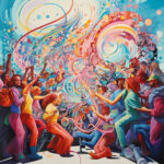 Farbexplosives Gemälde: Tanzende Menschenmenge mit Musikern, Wirbeln und Spiralen | Vibrant painting of dancing crowd with musicians, swirling colorful spirals and energy
