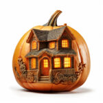 Orangener Kürbis mit geschnitztem, beleuchtetem Spukhaus und glühenden Fenstern | Orange pumpkin carved with illuminated haunted house and glowing windows