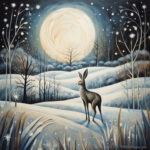 Hase steht in verschneiter Mondnacht, kahle Bäume, Schneesterne, magische Stimmung | Hare standing in snowy moonlit night, bare trees, snow stars, magical atmosphere