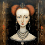 Stilisiertes Porträt einer Adligen mit rotem Haar, Perlenkette und Diadem | Stylized portrait of a noblewoman with red hair, pearl necklace and diadem