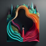 Frau im roten Kleid in 3D-Papierschnitt-Landschaft mit Wellen und Bäumen | Woman in red dress within 3D paper-cut landscape of colorful waves and trees