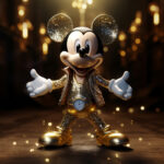 Mickey Mouse-Figur in goldenem Glitzer-Outfit mit Uhr, goldenen Stiefeln | Mickey Mouse figure in golden glitter outfit with clock and golden boots