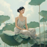 Junge Frau im weißen Kleid meditiert auf riesigem Lotusblatt, bewölkter Himmel | Young woman in white dress meditating on giant lotus leaf, cloudy sky
