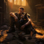 Verwundeter Soldat mit Deutschem Schäferhund in verlassener Hütte, goldenes Licht | Wounded soldier with German Shepherd in abandoned shelter, golden sunlight