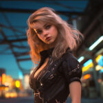 KI-generierte Frau mit blondem Haar in schwarzem Cyberpunk-Outfit, nächtliche Stadtkulisse | AI-generated woman with blonde hair in black cyberpunk outfit, nighttime urban backdrop