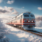 Rot-weißer Zug fährt durch verschneite Winterlandschaft unter blauem Himmel | Red-white train traveling through snowy winter landscape under blue sky
