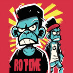 Zwei türkisfarbene Cartoon-Affen mit grimmigen Gesichtern, Schriftzug „RO TOME", roter Hintergrund | Two teal cartoon apes with angry faces, text "RO TOME", red background with yellow rays