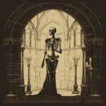 Skelett in gotischer Kathedrale, Sepia-Illustration mit Bögen und Säulen | Skeleton in Gothic cathedral, sepia illustration with arches and columns