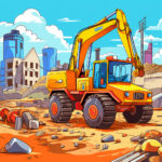 Cartoon-Bagger in Gelb-Orange auf Baustelle mit Schutt und Stadtkulisse | Cartoon excavator in yellow-orange on construction site with rubble and city skyline