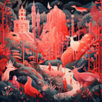 Fantasielandschaft in Rot mit Hirschen, Vögeln, Menschen und einem Märchenschloss | Fantasy landscape in red with deer, birds, humans and a fairy-tale castle
