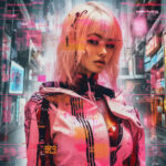 Cyberpunk-Frau mit rosa Haaren in futuristischer Jacke vor Neon-Stadtkulisse | Cyberpunk woman with pink hair in futuristic jacket against neon cityscape