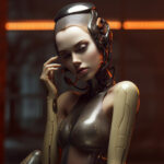 Humanoider weiblicher Androide mit Cyberpunk-Ästhetik, Kabel am Kopf, oranges Licht | Humanoid female android with cyberpunk aesthetics, cables on head, orange light