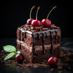 Schwarzwälder-Kirschtorte-Stück mit Schokoladenglasur, drei Kirschen und Minze | Black Forest cake slice with chocolate glaze, three cherries and mint leaves