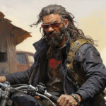 Digitales Gemälde: bärtiger Biker mit roter Sonnenbrille auf Motorrad | Digital painting: bearded biker with red sunglasses on motorcycle