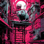 Riesige Ratte thront auf Industrieleiter in magentafarbenem Cyberpunk-Stadtbild | Giant rat perched on industrial ladder in magenta-toned cyberpunk cityscape