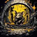 Aggressive Ratte kriecht durch Steinbogen in gelb-schwarzer Comic-Illustration | Aggressive rat crawling through stone arch in yellow-black comic illustration