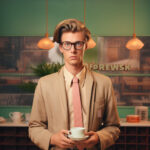 Junger Mann mit Brille, Beige-Anzug und rosa Krawatte hält Espressotasse im Retro-Café | Young man with glasses, beige suit and pink tie holds espresso cup in retro café