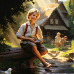 Lächelnder Junge sitzt barfuß auf Baumstamm am Bach, Hütte im Hintergrund | Smiling barefoot boy sits on log by stream, rustic cottage in background