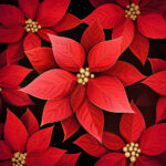 Digitale Illustration roter Weihnachtssterne mit goldenen Blütenköpfen auf schwarzem Grund | Digital illustration of red poinsettias with golden flower heads on black background