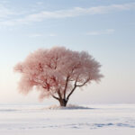 Einzelner Baum mit rosafarbenem Raureif in weißer Winterlandschaft | Solitary tree with pink hoarfrost in a vast white winter landscape