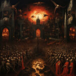 Höllenpanorama mit Dämonen, Skeletten und gotischer Burg im Feuerrot | Hell panorama with demons, skeletons and gothic castle in fiery red