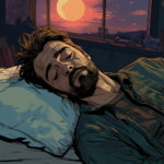 Illustrierter Mann mit Bart schläft im Bett, roter Mond leuchtet durchs Fenster | Illustrated bearded man sleeping in bed, red moon glowing through the window