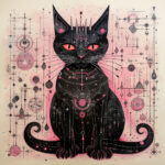 Schwarze mystische Katze mit roten Augen, geometrischen Symbolen auf rosa Hintergrund | Black mystical cat with red eyes, geometric symbols on pink background