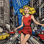 Pop-Art-Gemälde: Blonde Frau im roten Punktekleid läuft durch belebte Stadtstraße | Pop art painting: Blonde woman in red polka dot dress rushing through busy city street