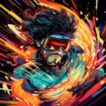 Dynamische Pop-Art eines Skifahrers mit Schutzbrille in Feuer- und Neonfarben | Dynamic pop-art skier with goggles surrounded by fiery neon color streaks