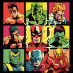 Neun Comic-Superhelden im Pop-Art-Raster, leuchtende Farben, Blitze | Nine comic superheroes in pop art grid, vivid colors, lightning bolts