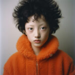 Junges Gesicht mit wildem schwarzem Haar in orangefarbenem Fellmantel, ernster Blick | Young face with wild black hair in orange fur coat, serious gaze