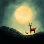 Hirsch und Rehkitz auf nächtlichem Hügel vor riesigem Vollmond, Sternenhimmel | Stag and fawn on nocturnal hill before giant full moon, starry sky