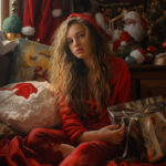 Junge Frau in rotem Outfit hält Weihnachtsgeschenk, Weihnachtsmann im Hintergrund | Young woman in red outfit holding Christmas gift, Santa Claus in background